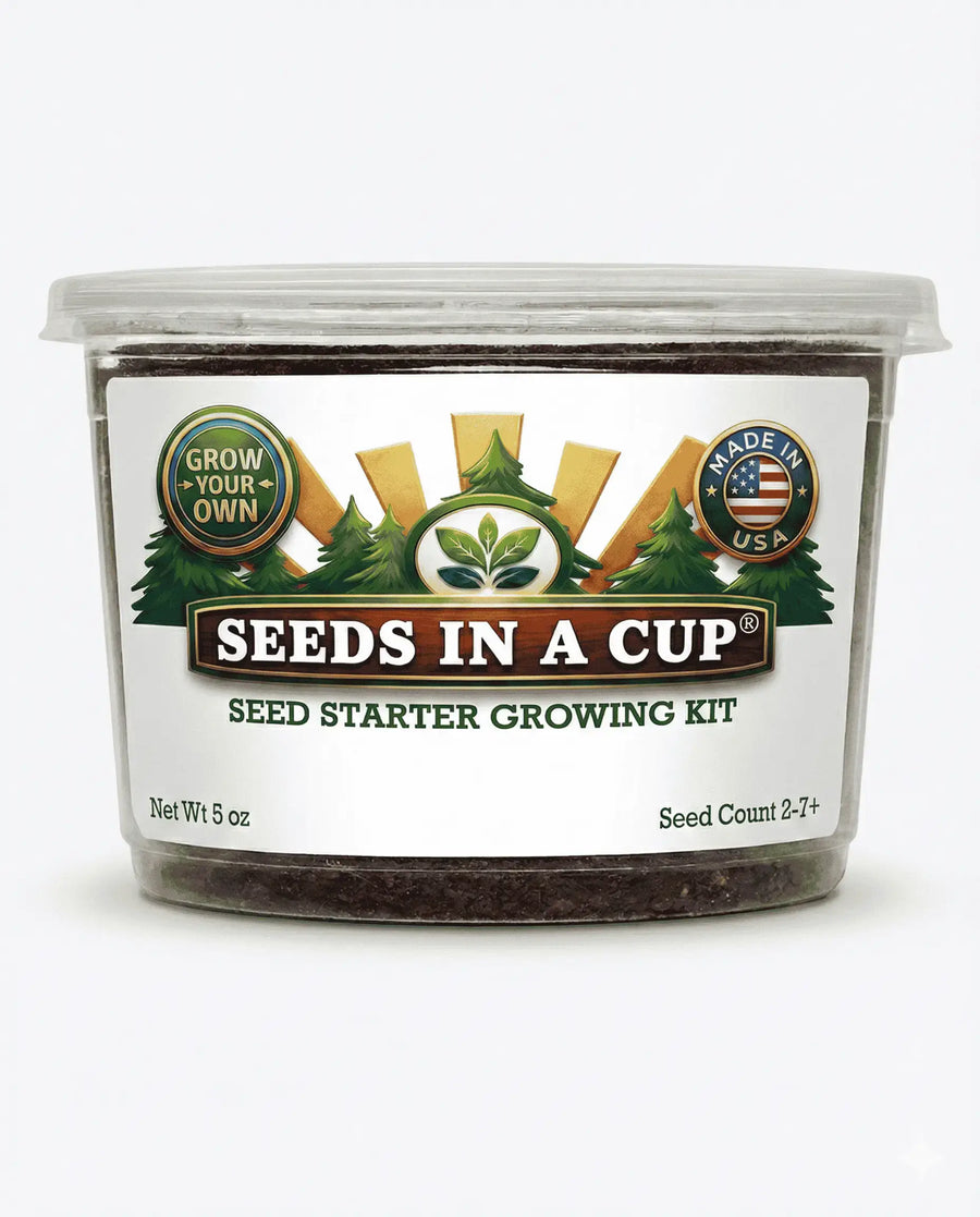 Loofah Sponge Gourd (Luffa aegyptiaca) seed starter kit contents: premium non-GMO seeds, nutrient-rich loose potting soil, and recyclable planter with humidity lid by Seeds In A Cup - Made in USA.