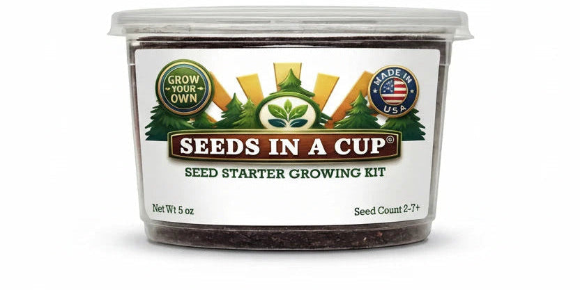 Complete Seeds In A Cup indoor gardening kit featuring a recyclable planter, premium non-GMO seeds, and real potting soil, hand-assembled in the USA.