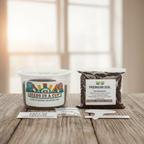 Close-up of kit contents showing loose, nutrient-rich potting soil (no compressed discs), certified heirloom seed packet, and recyclable planter.