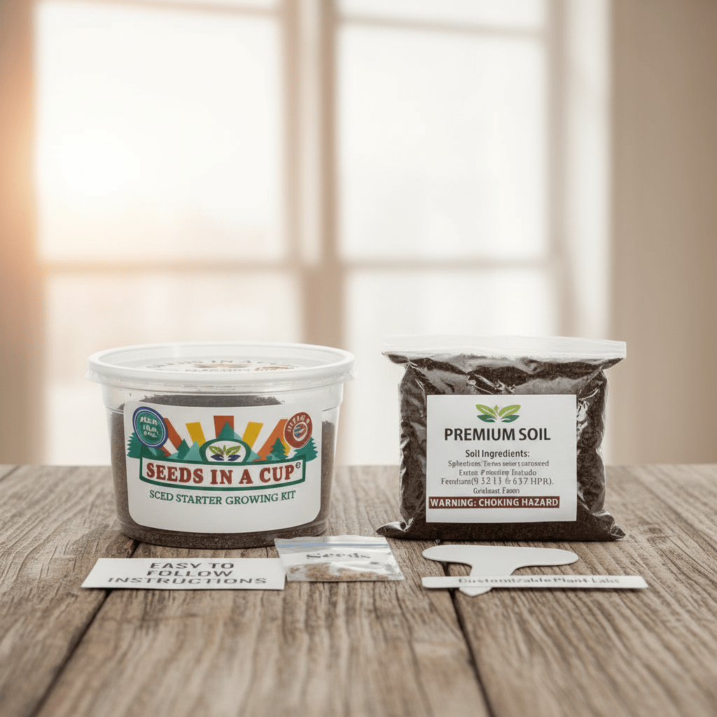 Close-up of kit contents showing loose, nutrient-rich potting soil (no compressed discs), certified heirloom seed packet, and recyclable planter.