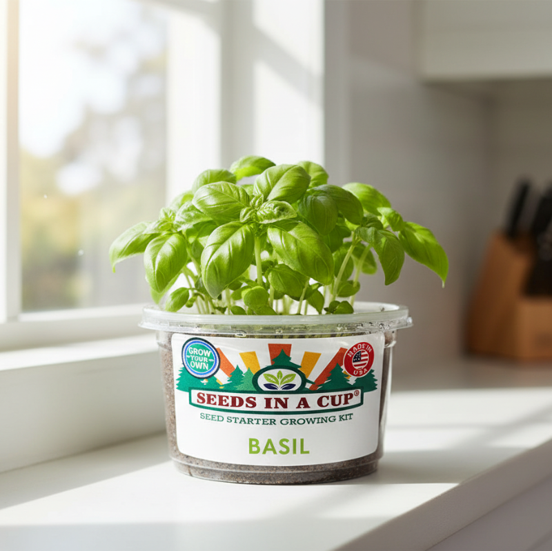 Healthy Basil (Ocimum basilicum) seedling growing in a Seeds In A Cup recyclable planter. Demonstrates successful germination using real potting soil and non-GMO seeds.