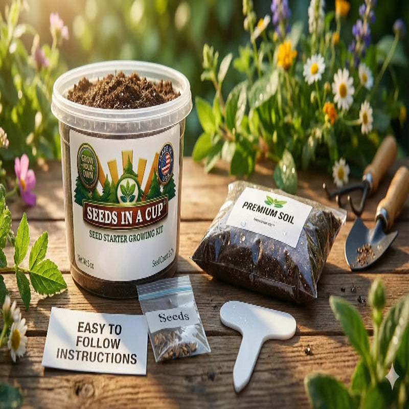 American Flax (Linum lewisii) seed starter kit contents: premium non-GMO seeds, nutrient-rich loose potting soil, and recyclable planter with humidity lid by Seeds In A Cup - Made in USA.