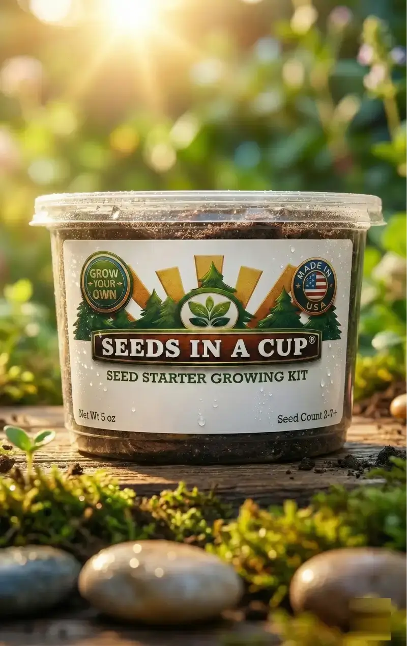 A Seeds In A Cup® tree growing kit displayed in a sunlit garden setting with lush green sprouts and moss. This eco-friendly, USA-made kit features real potting soil and is a signature product of Seeds In A Cup, based in Cleveland, Ohio.