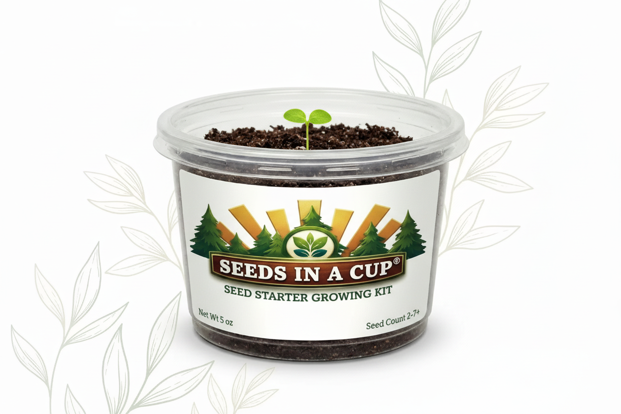 Seeds in a Cup seed starter growing kit on a white background with leaf decorations.