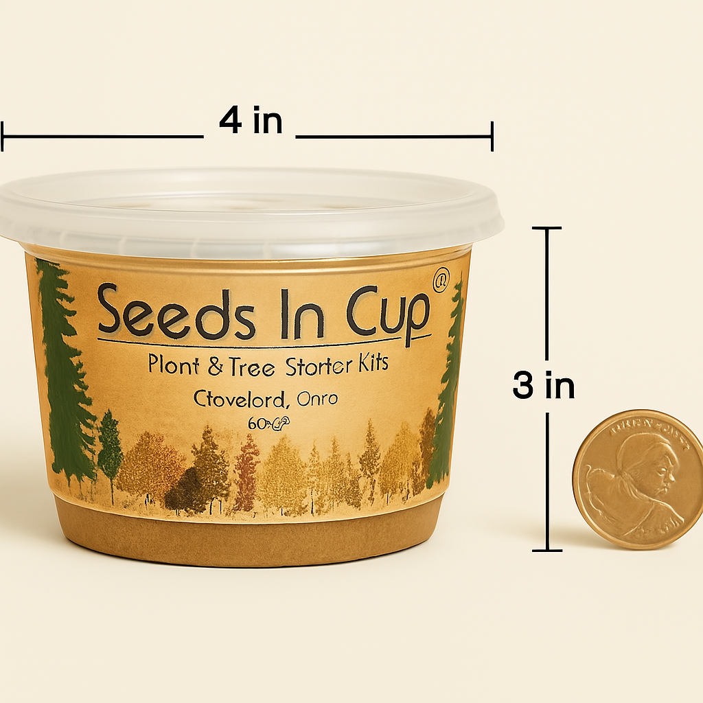 Seeds In Cup container with dimensions and a penny for scale on a beige background