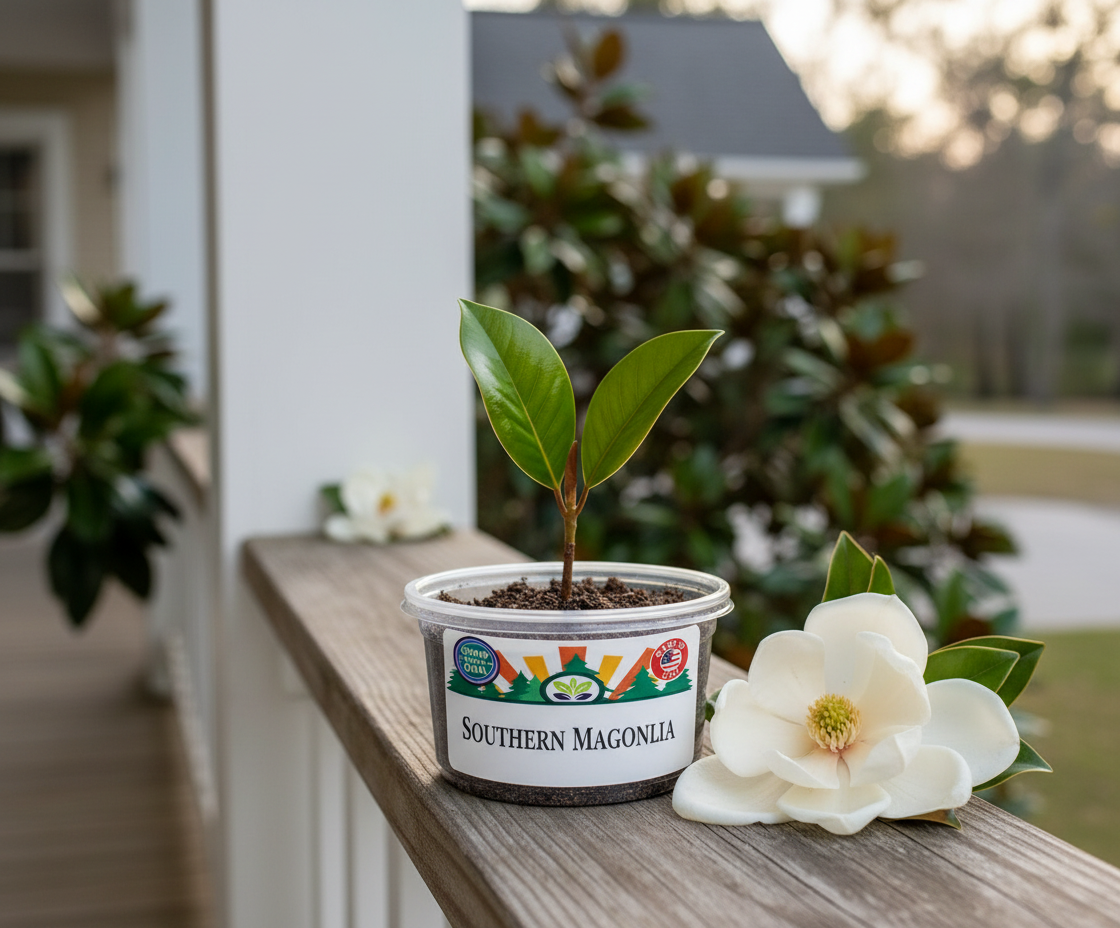 Southern Magnolia Tree (Magnolia grandiflora) plant thriving after transplant from Seeds In A Cup starter kit. Proof of high germination rates and 100% Growth Guarantee quality.
