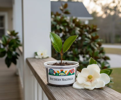 Southern Magnolia Tree (Magnolia grandiflora) plant thriving after transplant from Seeds In A Cup starter kit. Proof of high germination rates and 100% Growth Guarantee quality.