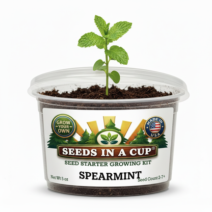 Complete Seeds In A Cup Spearmint growing system: recyclable planter, premium soil, and non-GMO Mentha spicata seeds. Indoor seed starter kit manufactured in Cleveland, Ohio, USA.