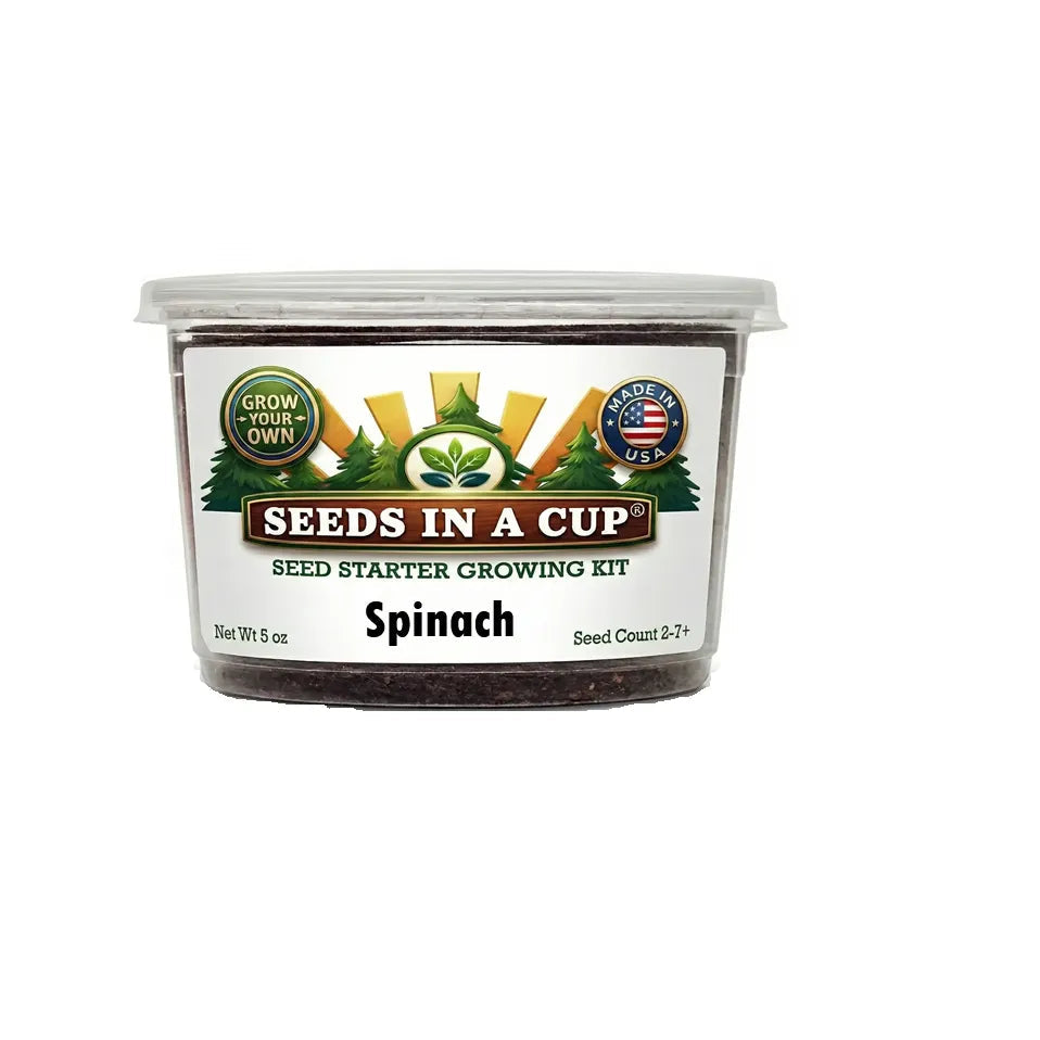 Seeds in a Cup spinach seed starter growing kit on a white background