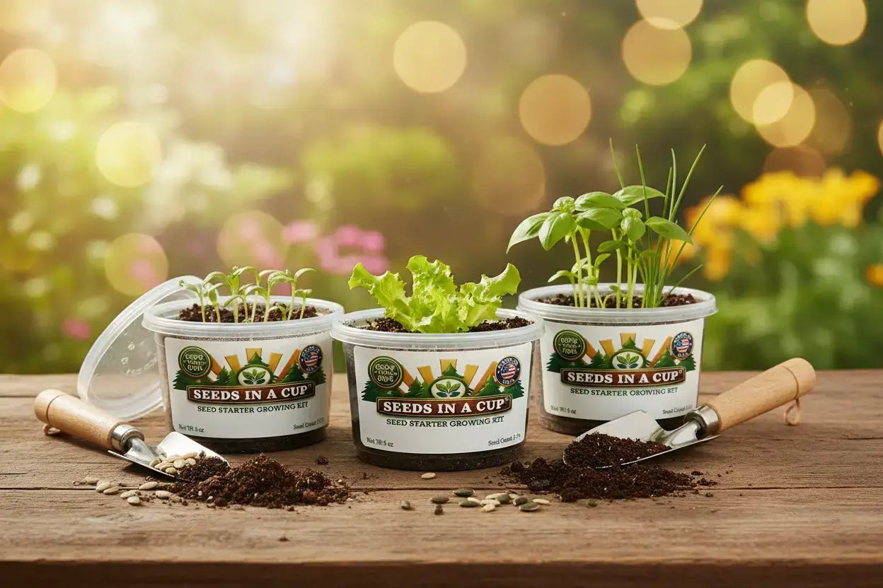 Three 'Seeds in a Cup' to rated gardening kits on a wooden surface with a blurred garden background.