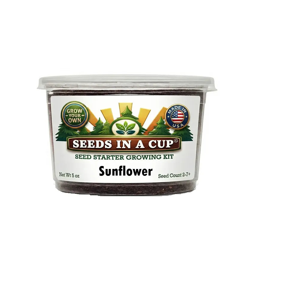 Premium Seeds In A Cup Sunflower (Helianthus annuus) Growing System. A domestic USA-manufactured kit including real soil and moisture-retaining lid.