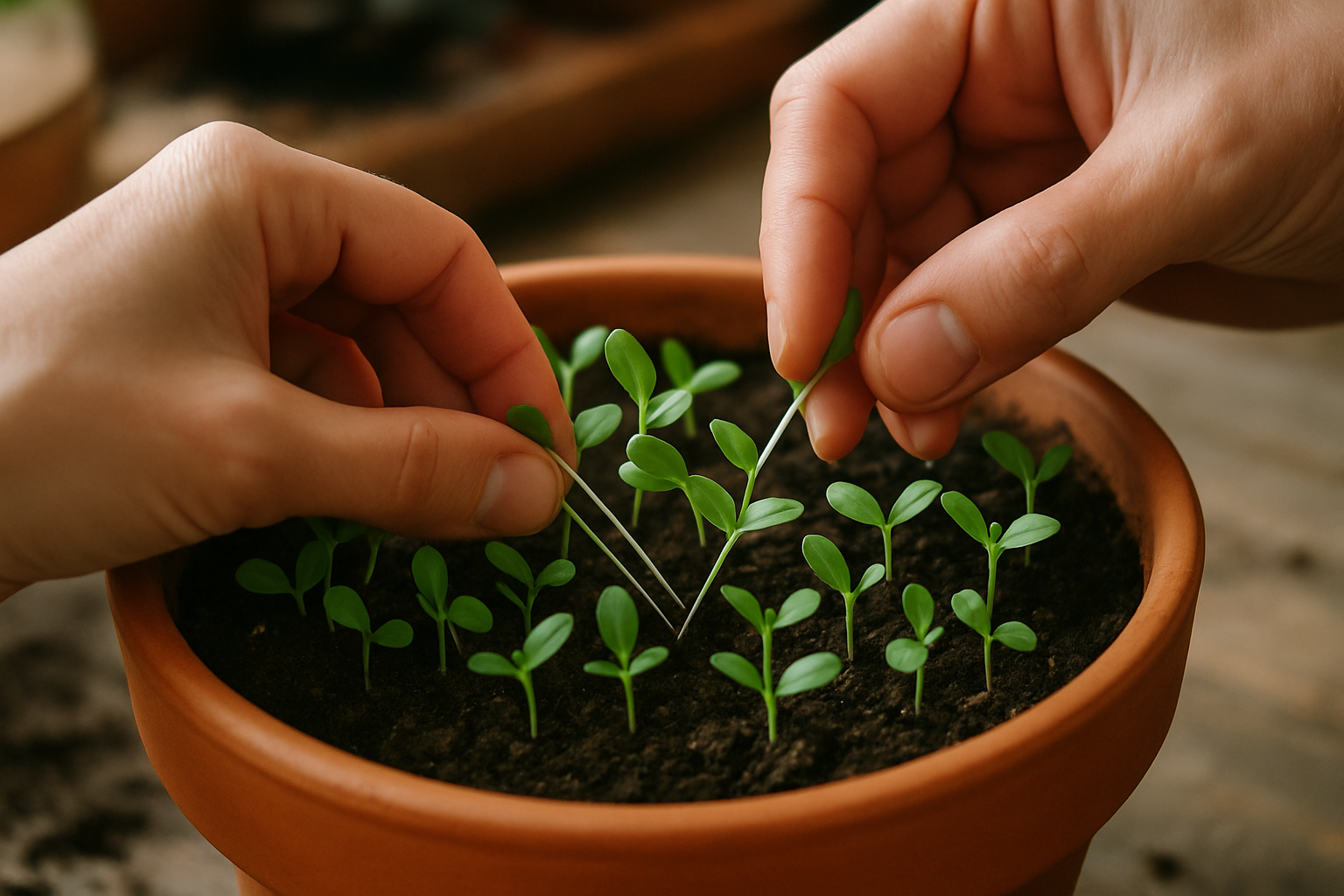 show thinning seedlings from a garden pot 