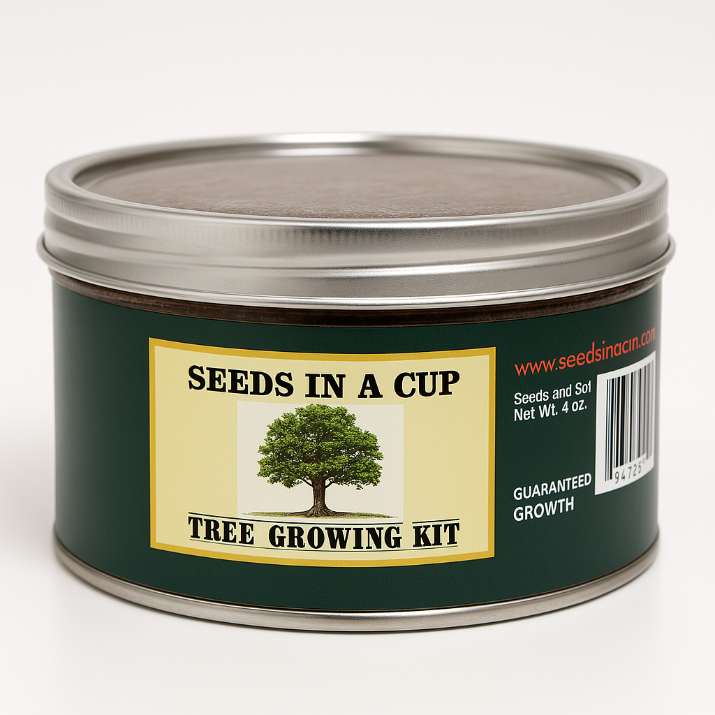 Tree growing kit can with label on a white background