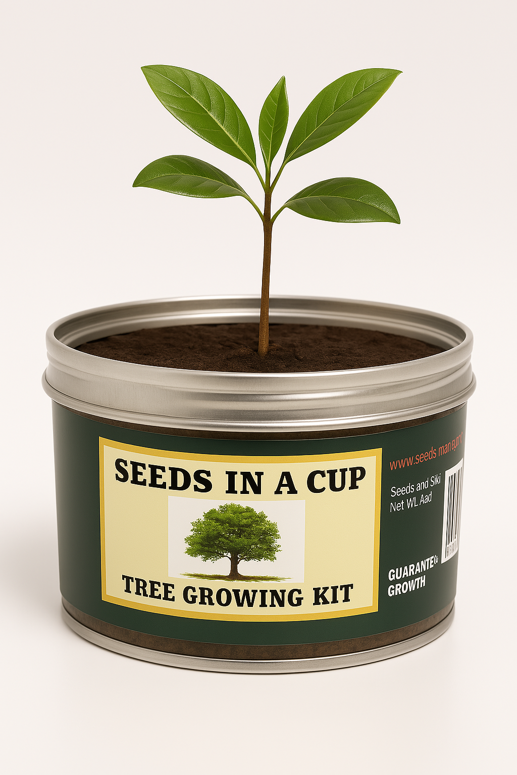 Tree growing kit with a small plant in a can labeled 'Seeds in a Cup'.