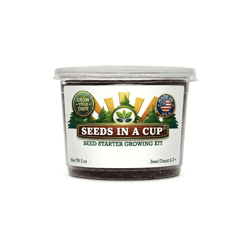 Seeds In A Cup Sunflower grow kit with all included contents: non-GMO seeds, real loose potting soil, recyclable planter, and step-by-step growing instructions. Made in Cleveland, Ohio.