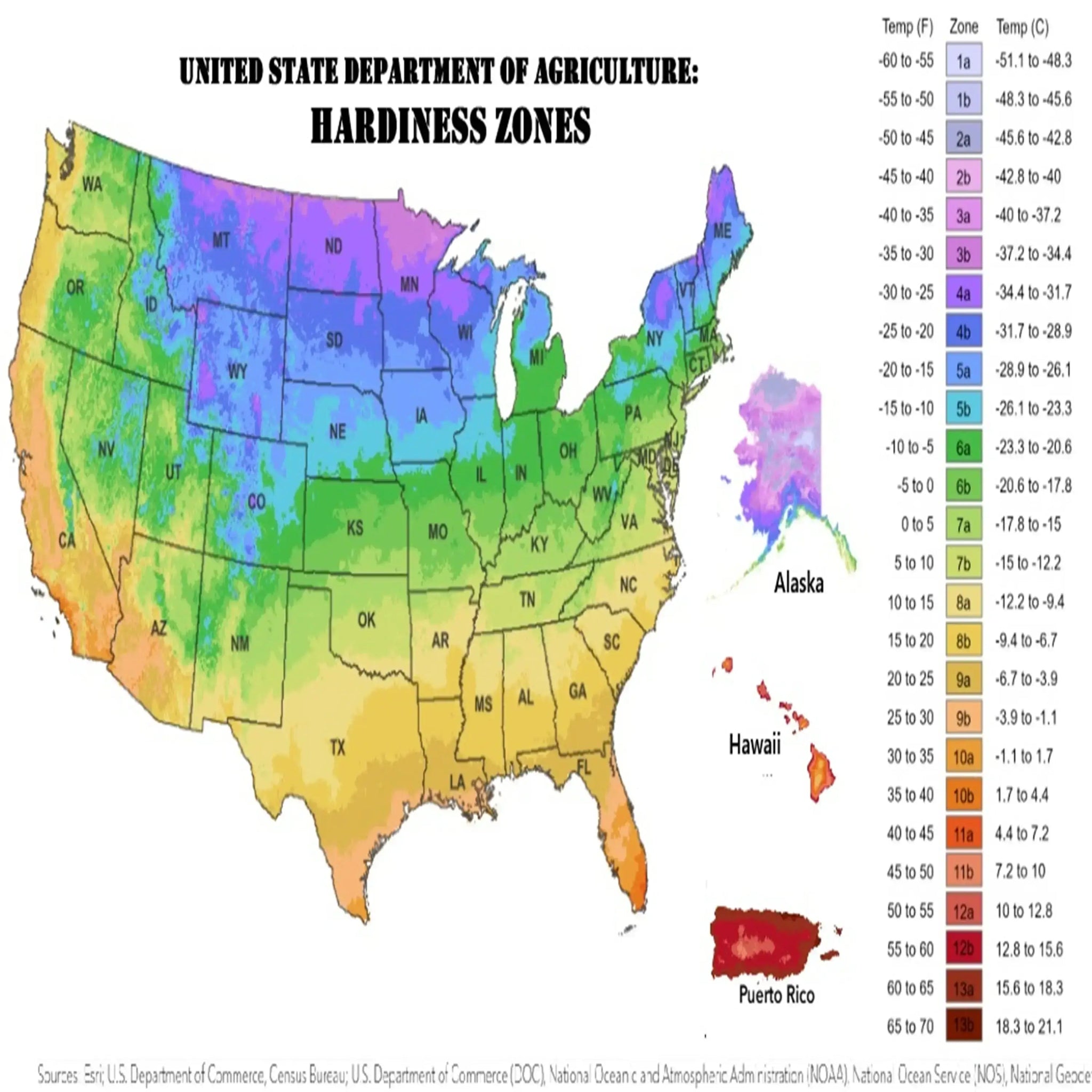 Map of the United States showing USDA Hardiness Zones with a color gradient and temperature zone chart.