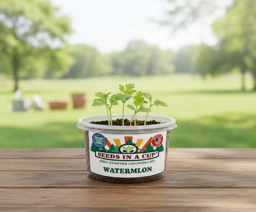 Proof of performance: Watermelon (Citrullus lanatus) seedling thriving in Seeds In A Cup real soil under a moisture-retaining lid, showing high microbial health.